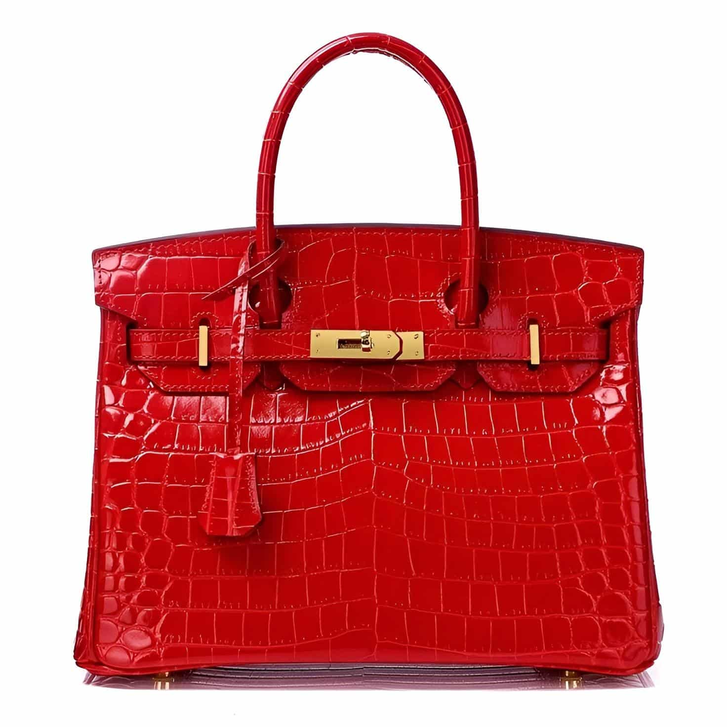 Luxury red crocodile leather handbag with gold hardware, featuring a structured design and top handles, ideal for fashion enthusiasts.
