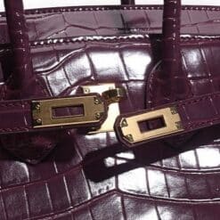 Luxury purple crocodile handbag featuring gold hardware and a textured finish, ideal for fashion enthusiasts and luxury accessory lovers.